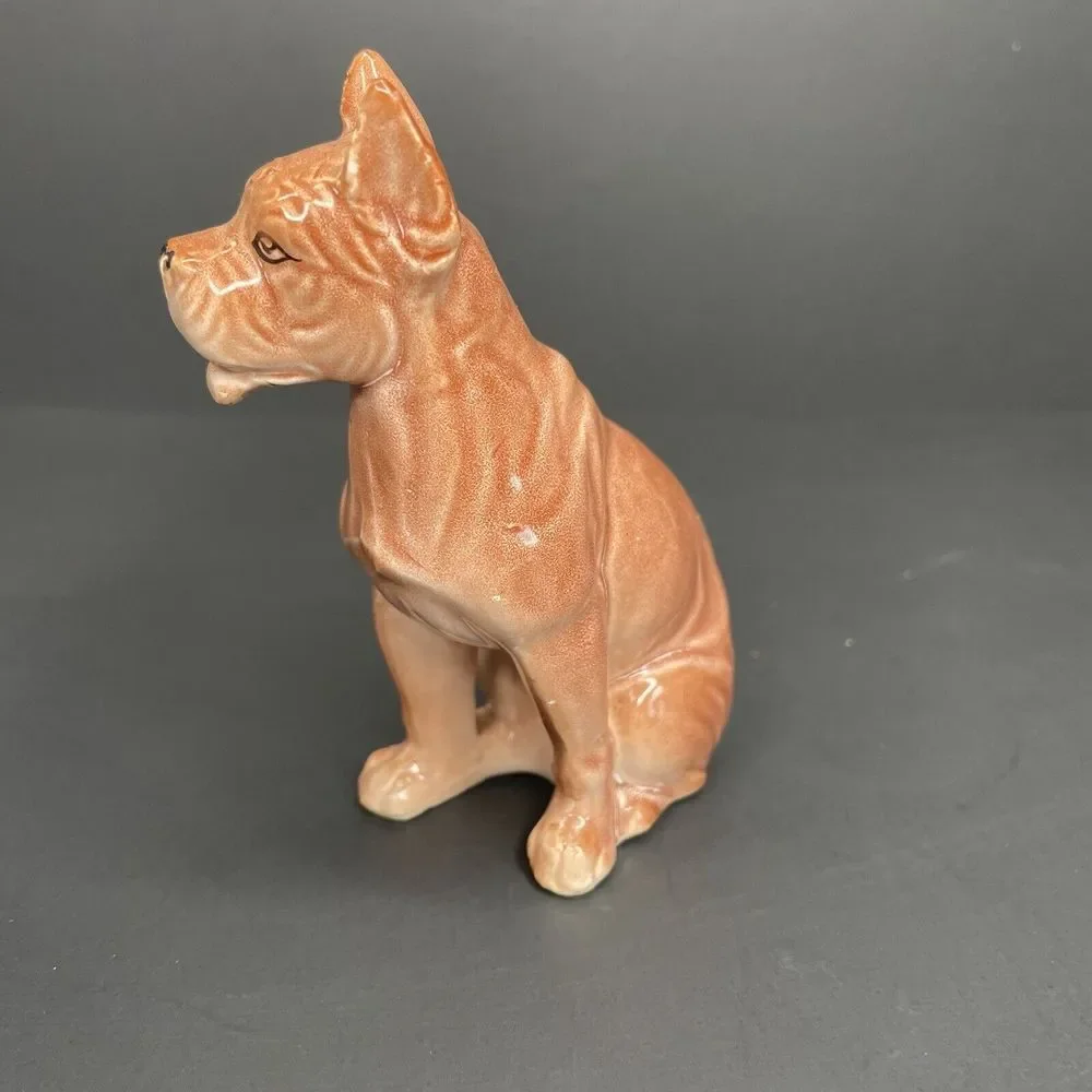 Vtg Dog Figurine Boxer Bully Breed Wrinkly‎ Face Pointy Ears Tan Porcelain Puppy